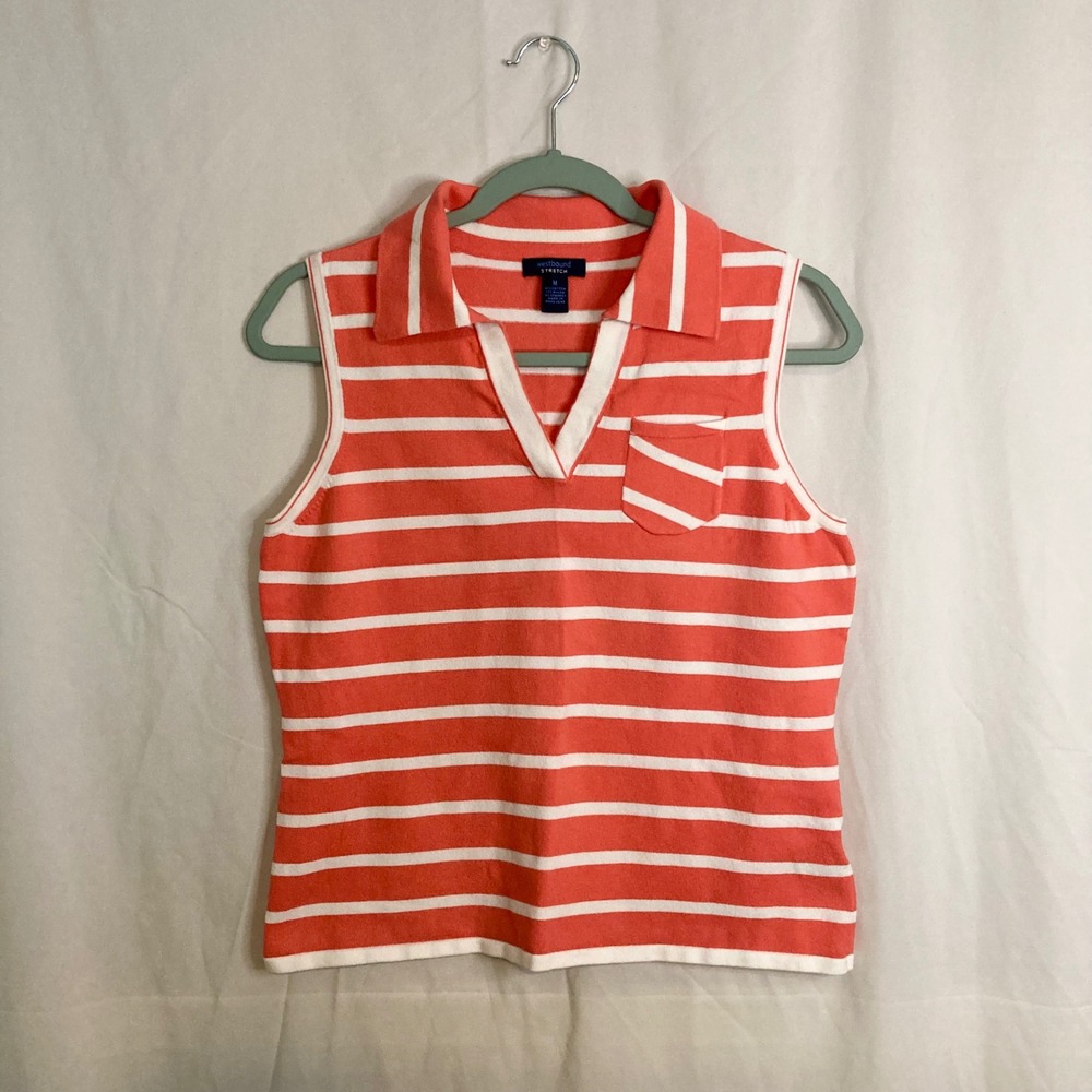 Coral White Striped Sleeveless Polo Knit Top Coastal Preppy Westbound Stretch M